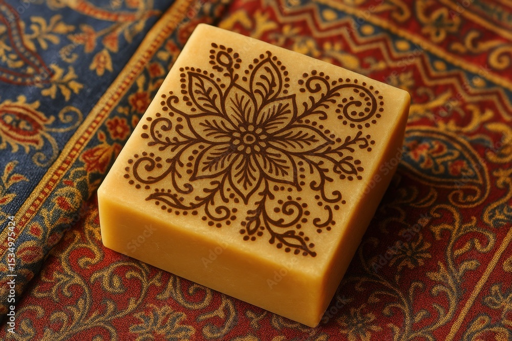 Fototapeta premium Henna Elegance – Ethnic Soap Amid Eastern Fabrics
