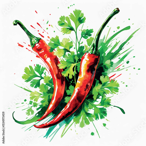 Spicy Chili and Cilantro Watercolor Art. Bold Red and Green Kitchen Botanical Illustration.