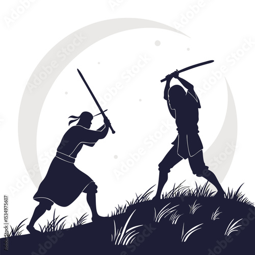 moonlit duel between warriors silhouette