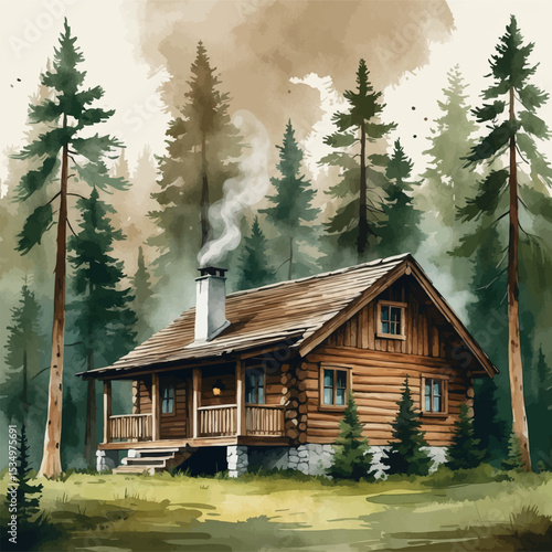 Cozy wooden cabin in misty forest watercolor illustration. Rustic wilderness retreat with pine trees and chimney smoke.