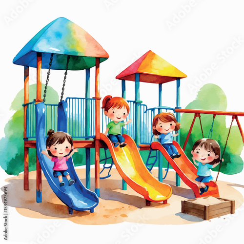 Watercolor illustration of children playing in kindergarten playground. Cute kids on slides and swings isolated on white background.
