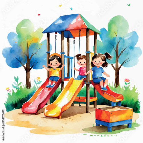 Watercolor illustration of children playing in kindergarten playground. Cute kids on slides and swings isolated on white background.