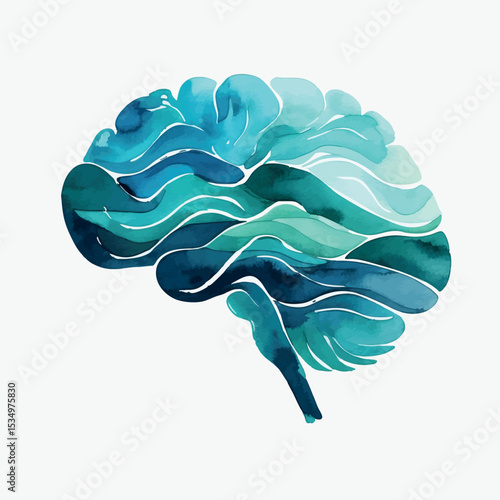 Brain Waves Watercolor Art. Emotional Balance and Mental Clarity Concept Illustration.