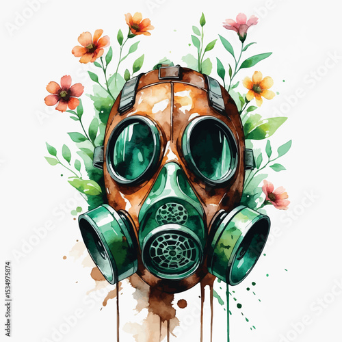 Post-apocalyptic gas mask with flowers watercolor art. Symbolic contrast of destruction and rebirth with rusty browns and vibrant greens.