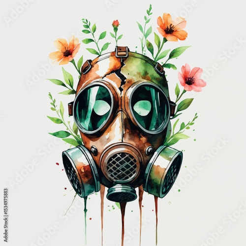 Post-apocalyptic gas mask with flowers watercolor art. Symbolic contrast of destruction and rebirth with rusty browns and vibrant greens.