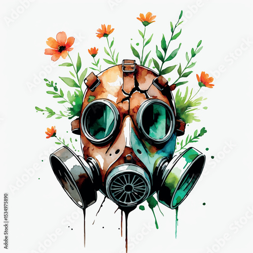 Post-apocalyptic gas mask with flowers watercolor art. Symbolic contrast of destruction and rebirth with rusty browns and vibrant greens.