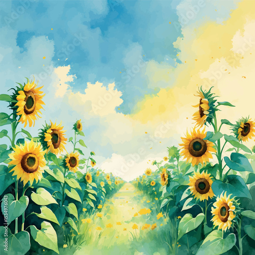 Sunflower field watercolor landscape. Dreamy summer countryside with soft yellows and atmospheric sky.