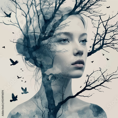 Watercolor double exposure portrait with tree branches and birds monochrome surreal art