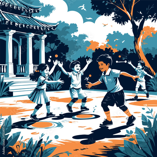 Latin Children Playing Traditional Games Outline - Hispanic Kids Cultural Activity Vector Illustration