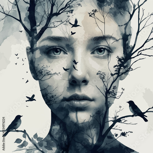 Watercolor double exposure portrait with tree branches and birds monochrome surreal art