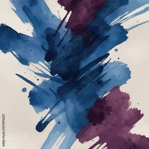 Dynamic Calligraphic Watercolor Lines. Bold Expressive Blue and Burgundy Brush Strokes Art.