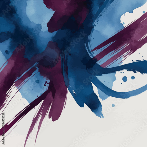 Dynamic Calligraphic Watercolor Lines. Bold Expressive Blue and Burgundy Brush Strokes Art.