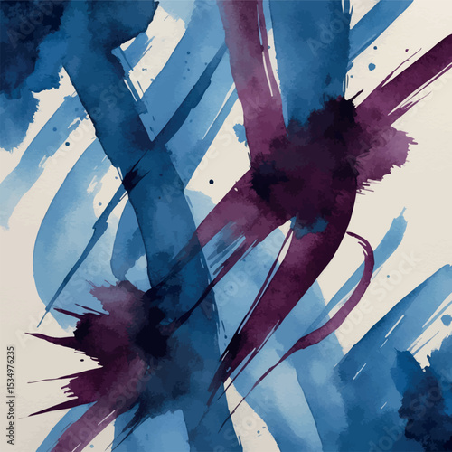 Dynamic Calligraphic Watercolor Lines. Bold Expressive Blue and Burgundy Brush Strokes Art.