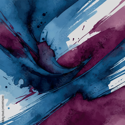 Dynamic Calligraphic Watercolor Lines. Bold Expressive Blue and Burgundy Brush Strokes Art.