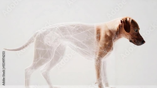 Futuristic Animal Anatomy Design, 3D Canine Visualization Models, Digital dog anatomy with wireframe structure and digital rendering, futuristic animal concept with digital dog and 3D visualization