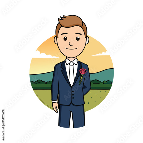 Charming young man in elegant suit with a rose boutonnière, ready for a special event or wedding celebration illustration