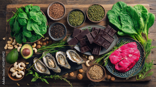 Iron-rich foods including leafy greens and red meat arranged for natural nutrition