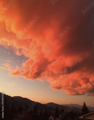 Wallpaper Mural A dramatic sunset paints the sky in vibrant oranges and reds, casting an ethereal glow over a mountainous landscape  Torontodigital.ca