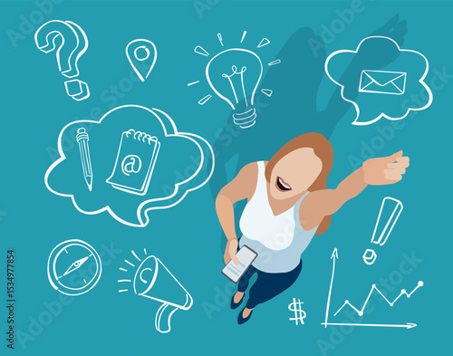 Happy girl with smartphone. Woman with an enthusiastic expression using a smartphone surrounded by various white, hand-drawn icons and symbols. Vector illustration