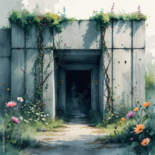 Hidden post-apocalyptic bunker entrance watercolor. Concrete structure with wildflowers and vines in atmospheric muted style.