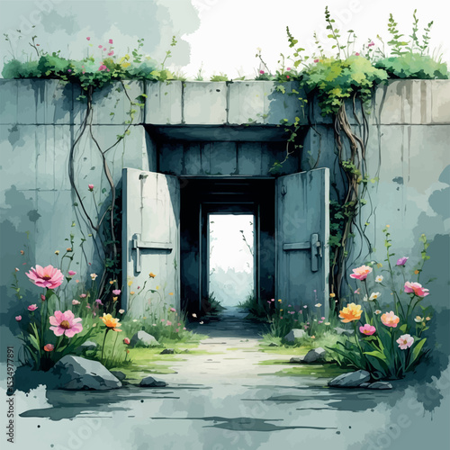 Hidden post-apocalyptic bunker entrance watercolor. Concrete structure with wildflowers and vines in atmospheric muted style.
