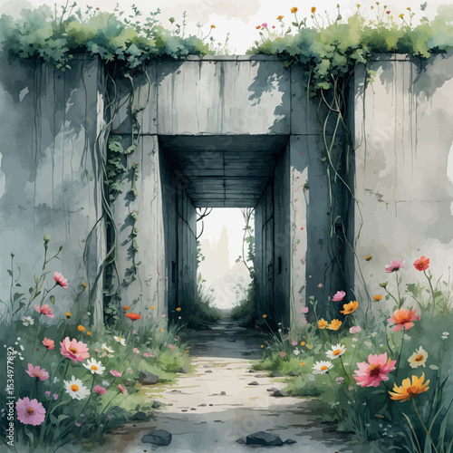 Hidden post-apocalyptic bunker entrance watercolor. Concrete structure with wildflowers and vines in atmospheric muted style.