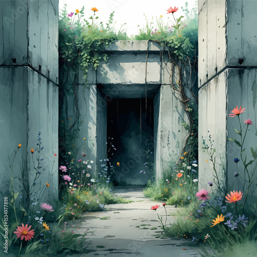 Hidden post-apocalyptic bunker entrance watercolor. Concrete structure with wildflowers and vines in atmospheric muted style.