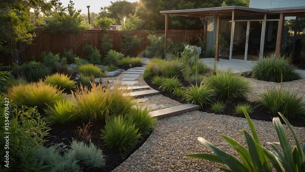 Obraz premium Contemporary Xeriscape Garden Design with Stone Path and Drought-Tolerant Plants