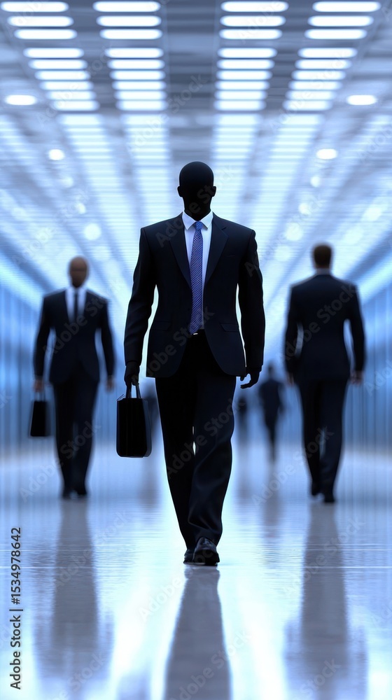 Fototapeta premium Three business professionals in suits walk confidently through a futuristic, illuminated corridor, carrying briefcases.