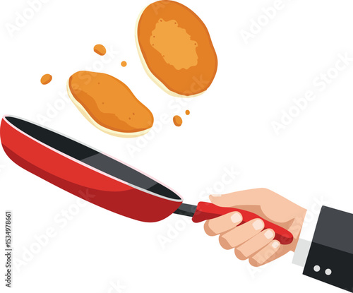 Cooking pancakes flipped in red frying pan held by hand in business suit sleeve vector illustration 