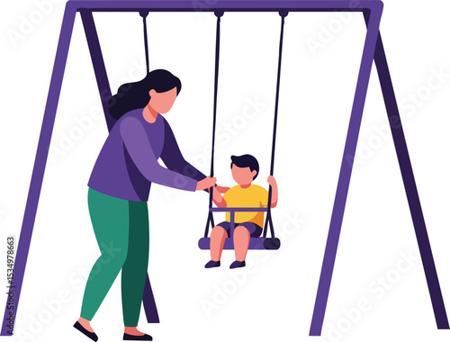 Mother pushing child on purple swing set playground outdoor activity family time bonding scene 