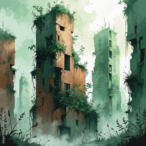 Abandoned post-apocalyptic city watercolor illustration. Nature reclaiming urban ruins with atmospheric fog and muted colors.