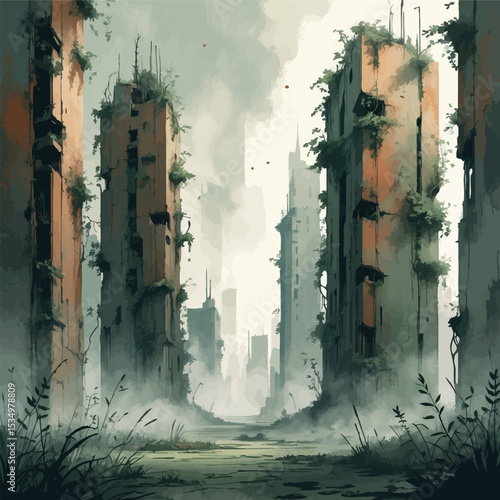 Abandoned post-apocalyptic city watercolor illustration. Nature reclaiming urban ruins with atmospheric fog and muted colors.