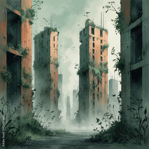 Abandoned post-apocalyptic city watercolor illustration. Nature reclaiming urban ruins with atmospheric fog and muted colors.