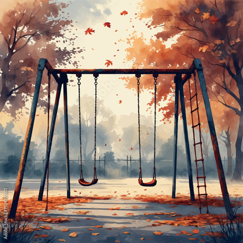 Abandoned autumn playground in watercolor with nostalgic melancholy feel
