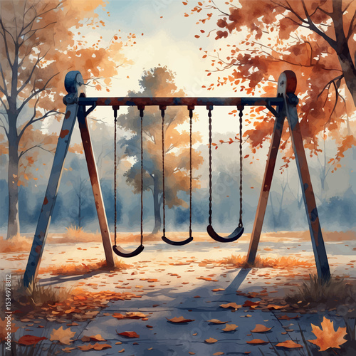 Abandoned autumn playground in watercolor with nostalgic melancholy feel