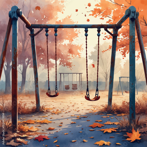 Abandoned autumn playground in watercolor with nostalgic melancholy feel