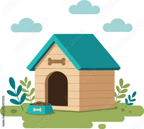 Dog house with teal roof and bone decoration on green grass with plants and clouds vector illustration 