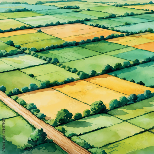 Countryside fields from above – watercolor patchwork summer scene