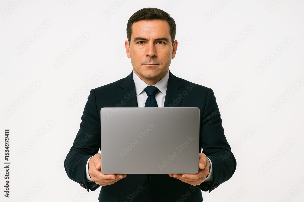 Executive presenting laptop with serious and focused gesture Executive presenting laptop with serious and focused gesture