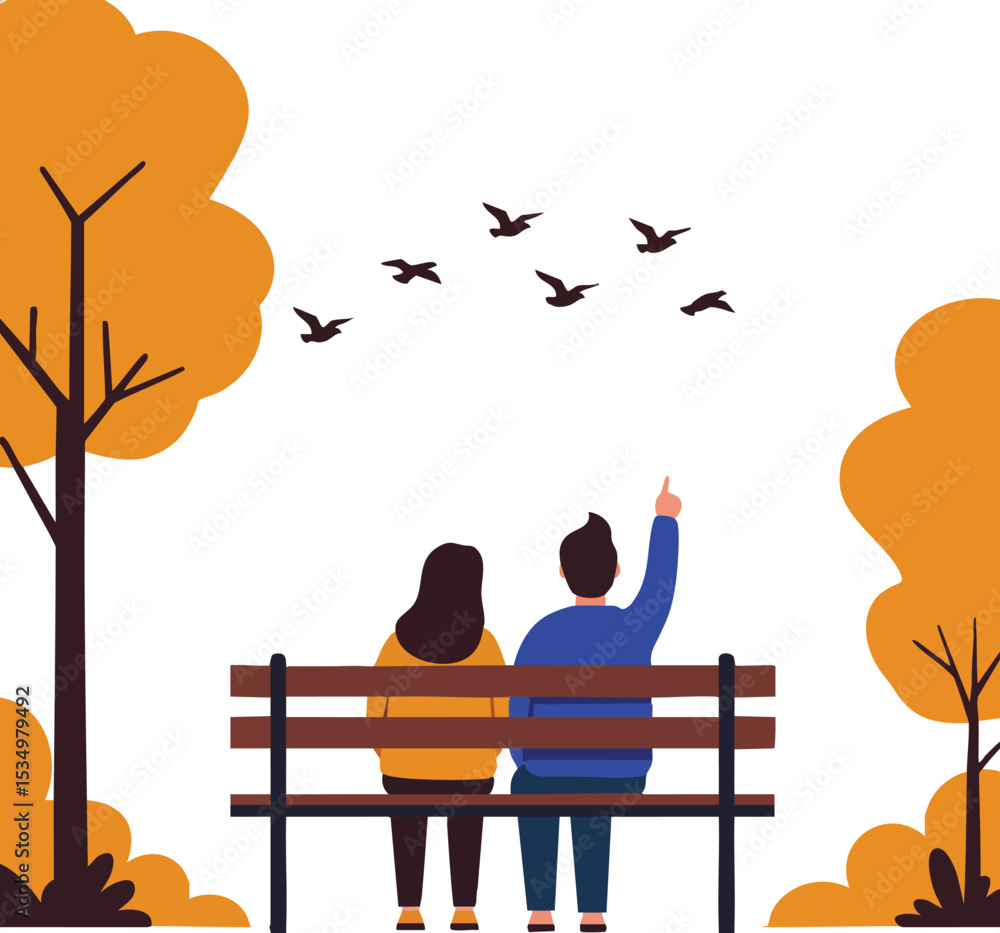 Fototapeta premium Couple sitting on park bench watching flying birds in autumn season with orange trees vector illustration 
