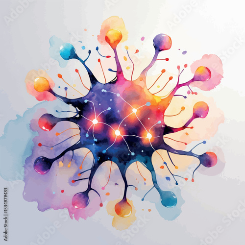 Watercolor AI neural network with glowing synapses and soft gradients