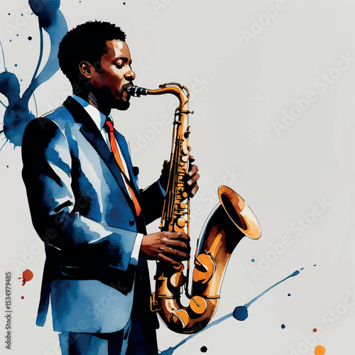 African-American jazz saxophonist watercolor illustration. Expressive musical performance with flowing blues and warm browns.