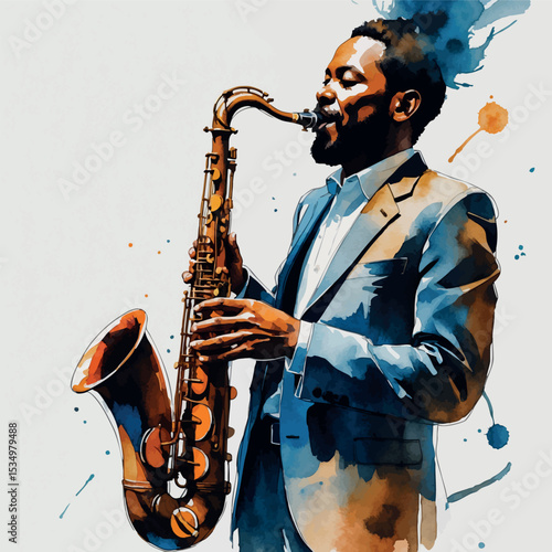 African-American jazz saxophonist watercolor illustration. Expressive musical performance with flowing blues and warm browns.