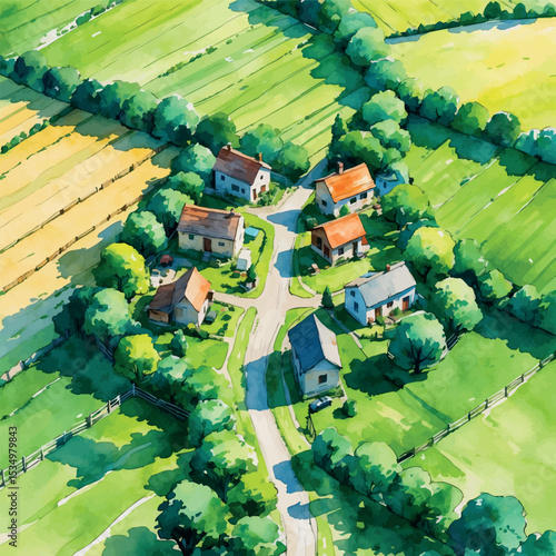 Rural village from above – watercolor aerial with fields and roads