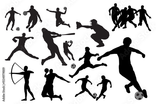 Vector illustration of sports athlete football player, badminton, basketball, baseball, tennis, volleyball