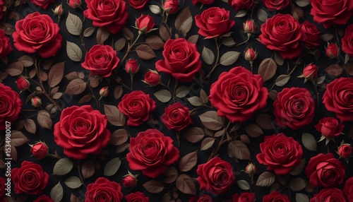Fototapeta Naklejka Na Ścianę i Meble -  Seamless pattern of vibrant red roses with dark leaves on black background