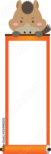 巻物フレームに顔を出す午年キャラ｜縦型年賀状素材