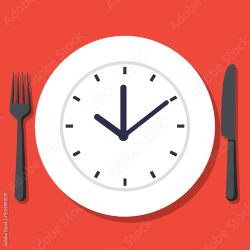 Clock on white plate with fork and knife symbolizing mealtime concept in flat style vector illustration 