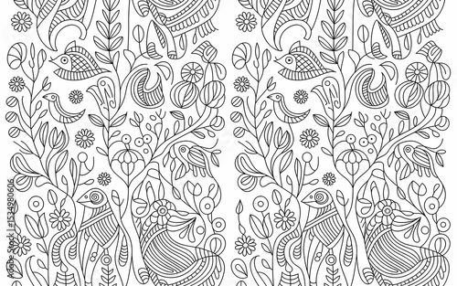 Indian Madhubani Folk Art, Intricate Black and White Floral and Bird Pattern with Detailed Line Art